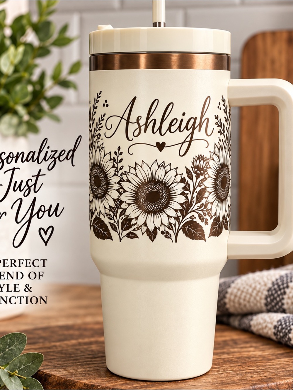 Personalized Cream Sunflower Travel Tumbler with Handle - Picture 2 of 6